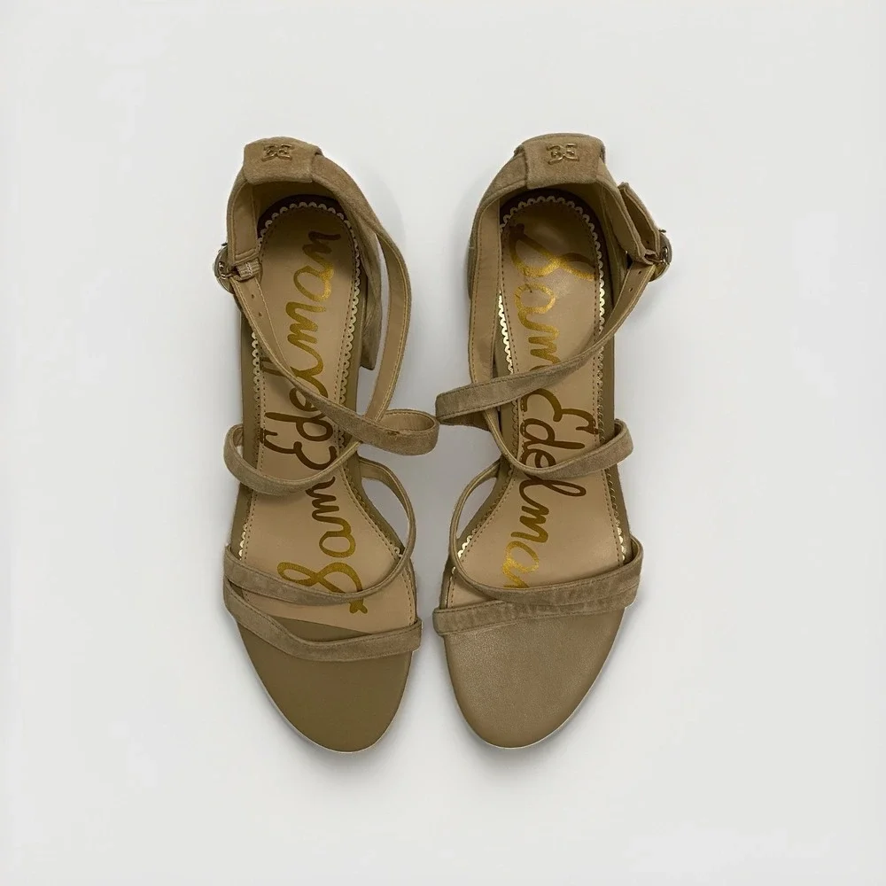 Sam Edelman Stacie Strappy Block Heel Sandals Oatmeal Suede - Size 8.5